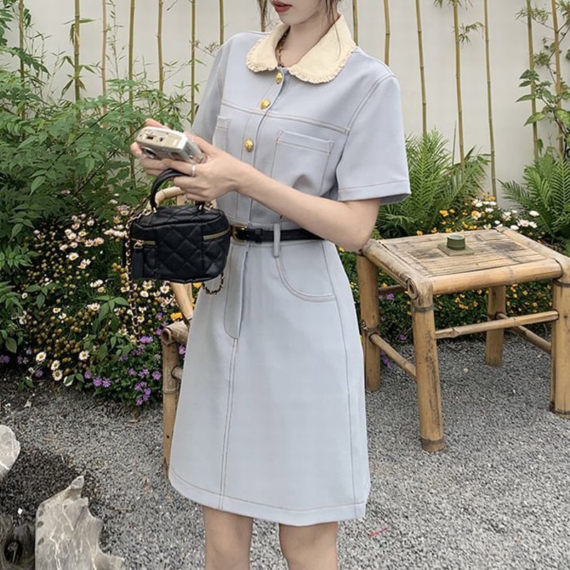 フリル襟 ワンピース ミニ丈 ウエストマーク ハイウエスト 半袖 ミニ