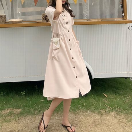 レディース フロントボタン ワンピース Vネック シャツワンピース ミモレ丈 ビッグポケット 韓国ファッション (DCT-591396626139)
