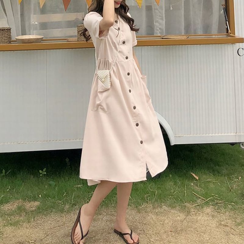 【3COLOR】 ホワイト Vネック ベルテッド ワンピース ミモレ レディース フロントボタン ワンピース Vネック シャツ