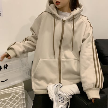 パーカー 裏起毛 袖ライン ジップアップ プラスベルベット 長袖 オーバーサイズ 韓国ファッション レディース ルーズ カジュアル ストリートファッション DTCA-732271460143