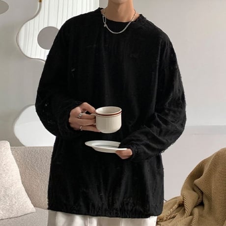 【3カラー】 ユニセックス ダメージ加工 Tシャツ 長袖 オーバーサイズ トップス 韓国ファッション メンズ レディース カジュアル 韓国ストリートファッション DTC-695763372099