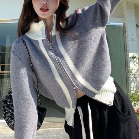 ニットカーディガン ジップアップ ハイネック 配色 カーディガン ニット 長袖 韓国ファッション レディース 大人可愛い ガーリー カジュアル DTC-660368701085