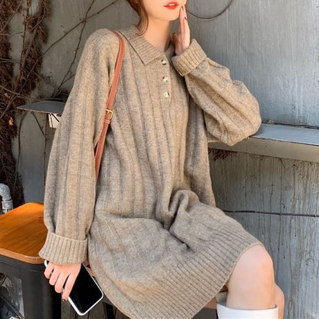 襟付き ニットワンピース ポロニット 厚手 ニット ワンピース ゆったり 韓国ファッション レディース カジュアル 大人可愛い ガーリー DTC-658628360608