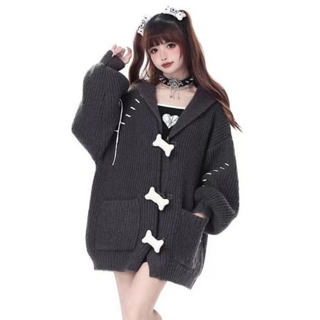ニット カーディガン  フード付き ツギハギ 骨ボタン シングルブレスト ニットパーカー ルーズ 長袖 レトロ 大人可愛い ガーリー サブカルチャー DTCA-732488654736