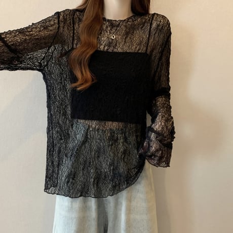 シアートップス レース tシャツ トップス クルーネック UVカット シアーtシャツ ゆったり ルーズ 長袖 レトロ 大人可愛い ガーリー トレンド DTCA-907055529072
