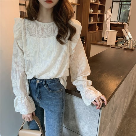 レース ブラウス トランペットスリーブ シフォン トップス ルーズ 長袖 韓国ファッション レディース 大人可愛い ガーリー フェミニン レトロ DTC-631535545769
