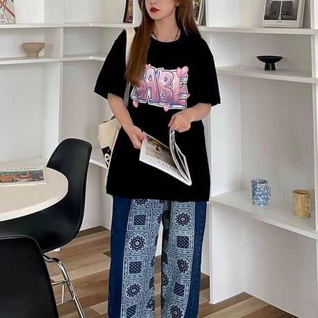 【2カラー】 ユニセックス Tシャツ 半袖 ハート 英字 プリント オーバーサイズ カジュアル 韓国ファッション メンズ レディース 韓国ストリートファッション DTC-646846731043
