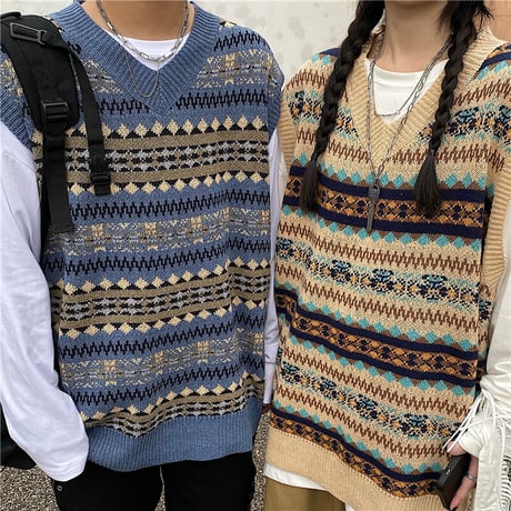 ユニセックス ニットベスト フェアアイル柄 Vネック ゆったり ルーズ オーバーサイズ 韓国ファッション レディース メンズ カジュアル レトロ DTC-653922588077