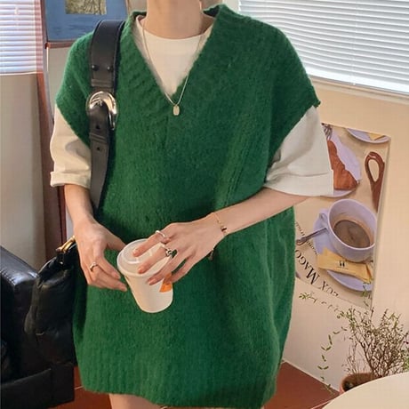 ニットベスト Vネック オーバーサイズ シンプル レトロ 韓国ファッション レディース ガーリー カジュアル 大人カジュアル DTC-667685947574