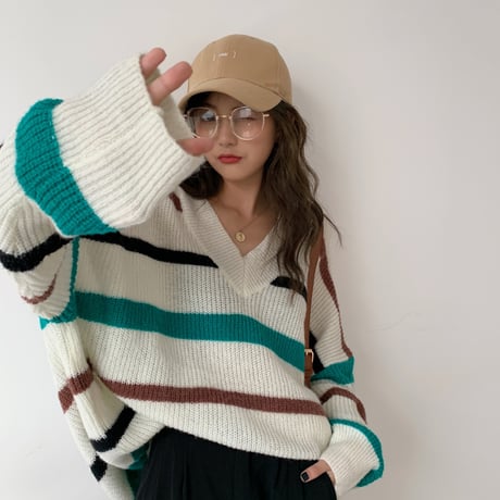 ニットセーター ボーダーニット Vネック 長袖 ルーズ 韓国ファッション レディース ニット セーター ボーダー 秋冬 ゆったり 大人可愛い ガーリー DTC-627344184855