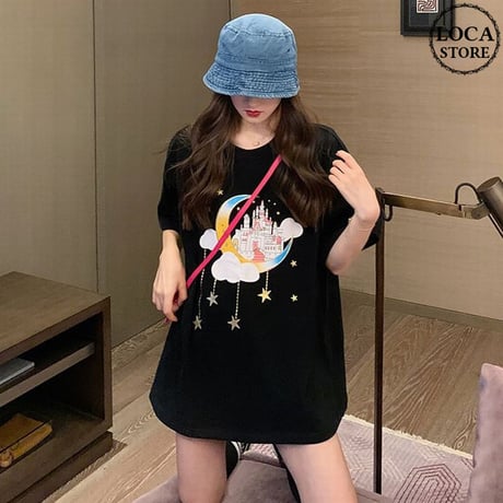 Tシャツ 半袖 お城 プリント ラウンドネック 韓国ファッション レディース トップス 星 月 プリント シンプル ガーリー DTC-618971492141