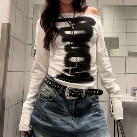 前後2way ロンT ブラッシュプリント オフショルダー カットソー tシャツ トップス スリムフィット タイトフィット レトロ 大人可愛い ガーリー カジュアル DTCA-981680300134