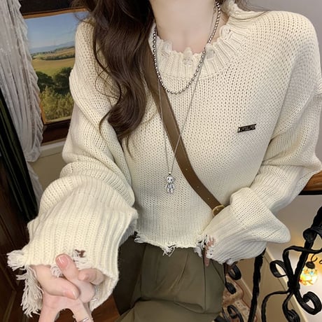 ダメージ加工 ニット ショート丈 セーター トップス ダメージニット 長袖 秋 冬 レトロ 韓国ファッション レディース 大人可愛い ガーリー カジュアル DTC-680077592781