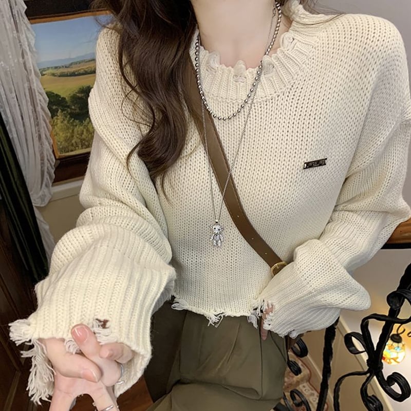 ダメージ加工 ニット ショート丈 セーター トップス ダメージ ダメージ加工 ニット ショート丈 セーター トップス ダメージ
