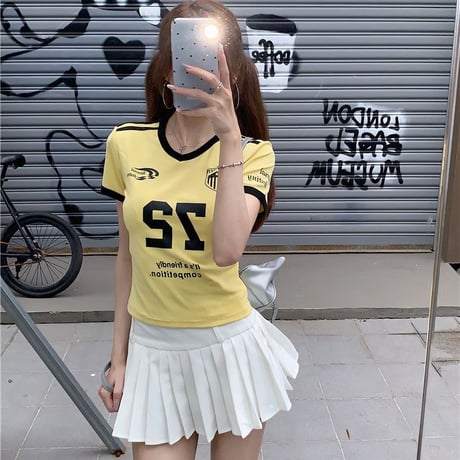 Tシャツ ユニフォーム風 サイドライン Vネック ショート丈 バイカラー トップス 半袖 レトロ 韓国ファッション レディース 大人可愛い ガーリー スポーツミックス DTC-802799667904