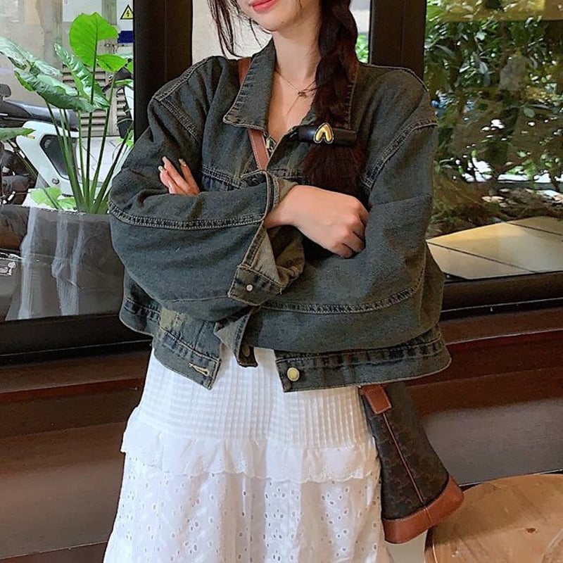 デニムジャケット バックレースアップ ショート丈 編み上げ ウォッシュ