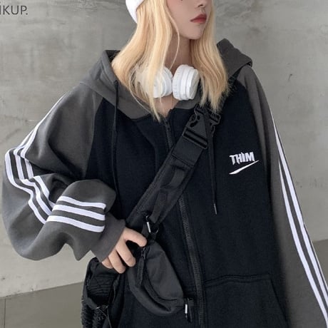 【3カラー】 ユニセックス パーカー ジップアップ バイカラー 裏起毛 ルーズ ライン入り 韓国ファッション メンズ レディース カジュアル ストリート系 DTC-627099735837