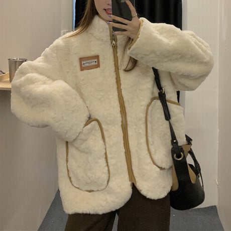 ボアジャケット ボアブルゾン もこもこ ゆったり ボア ラムウール ドロップショルダー 配色 ジップアップ 韓国ファッション レディース 大人可愛い ガーリー DTC-658129547530