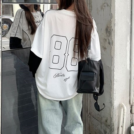 フェイクレイヤード Tシャツ 重ね着 ナンバー ロンT オーバーサイズ トップス 長袖 レトロ 韓国ファッション レディース 大人可愛い ガーリー スポーツミックス DTC-818770841972