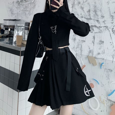 セットアップ ミリタリー風 ショートシャツ プリーツ ミニスカート ネクタイ ベルト 長袖 ハイウエスト レトロ 韓国ファッション レディース ゴシック モード系 DTC-651778269970