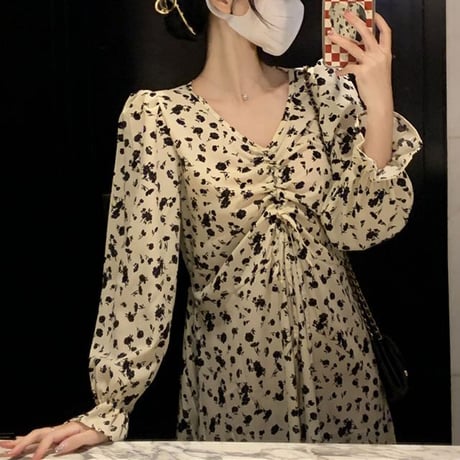 花柄 ワンピース フロントギャザー Vネック フリル袖 ロング丈 ハイウエスト 長袖 韓国ファッション レディース 大人可愛い ガーリー フェミニン DTC-654665818047