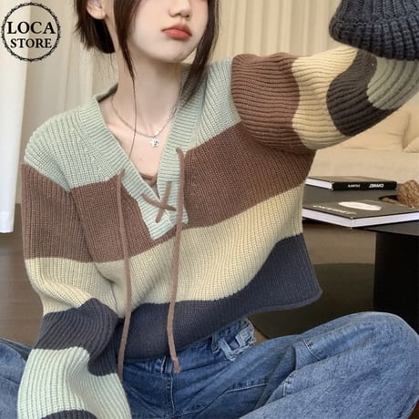 ボーダー柄 ニット 編み上げ 配色 ボーダーニット トップス ショート丈  ルーズ 長袖 レトロ 韓国ファッション レディース 大人可愛い ガーリー カジュアル DTC-687000524232