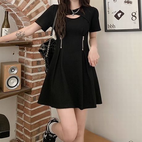 胸開き ワンピース ウエストジッパー 半袖 Aライン ハイウエスト ミニワンピース レトロ 韓国ファッション レディース 大人可愛い レトロ ガーリー DTC-679416409038