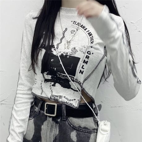 ロンT アシンメトリー ショート丈 スリムフィット 不規則デザイン アシメ tシャツ トップス 長袖 レトロ 大人可愛い ガーリー サブカル系 カジュアル DTCA-655976986014
