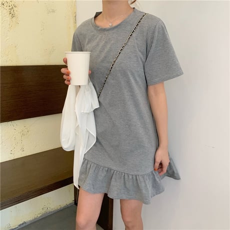 オープンバック ワンピース 背中あき 薄手 Tシャツ＋フリルスカート 半袖 韓国ファッション レディース バックレス 大人可愛い ガーリー フェミニン DTC-615537051967
