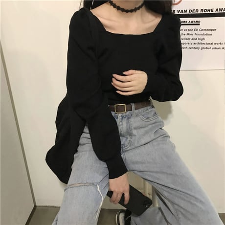 スクエアネック ニット トップス ルーズ 長袖 薄手 レトロ 韓国ファッション レディース 大人可愛い ガーリー DTC-631012888097