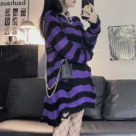 ダメージニット ボーダーニット パープル 紫 ダメージ加工 ニット ドロップショルダー オーバーサイズ 薄手 ロング丈 韓国ファッション レディース 暗黒系 DTC-664789850051