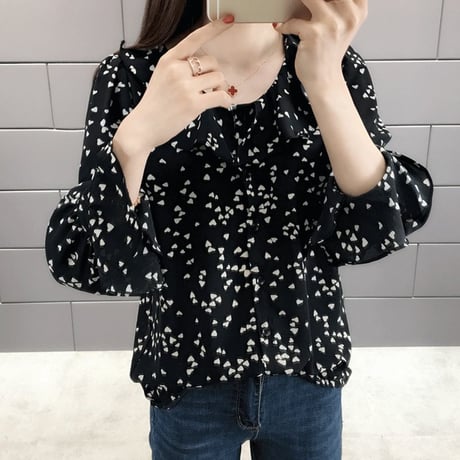 レディース ハート柄ブラウス ハート柄シャツ トップス フリル 薄手 長袖 シフォン フレア袖 ガーリー フェミニン 韓国ファッション (DCT-591142140695)