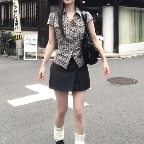 チェック柄 ブラウス シャツ クロップド丈 ショート丈 スリムフィット スリムブラウス 半袖 レトロ 大人可愛い ガーリー カジュアル DTCA-948264012358