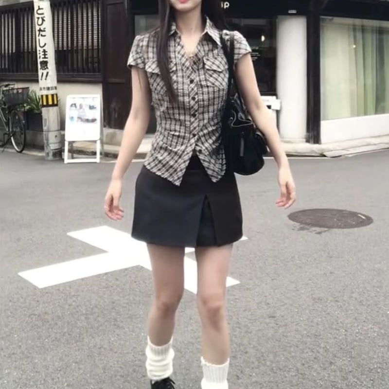 チェック柄 ブラウス シャツ クロップド丈 ショート丈 スリムフィット 