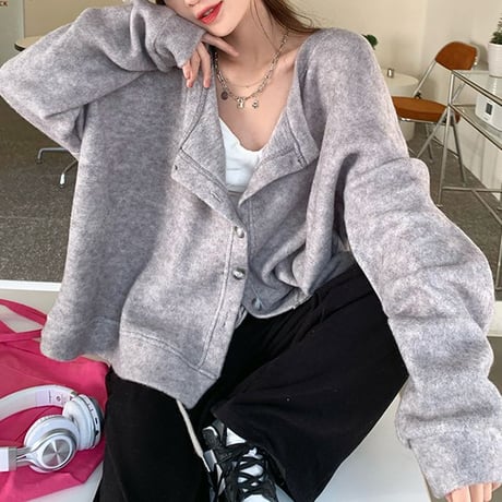 カーディガン オーバーサイズ クルーネック ボタン ライトアウター ドロップショルダー ビッグシルエット レトロ 韓国ファッション レディース カジュアル DTC-669003217456