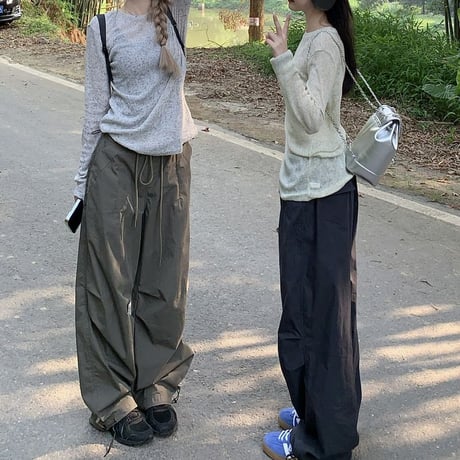 シアートップス パラシュートパンツ シアーTシャツ トップス ワイドパンツ ドローコード 長袖 セットアップ 韓国ファッション レディース 大人可愛い ガーリー DTC-768485999145