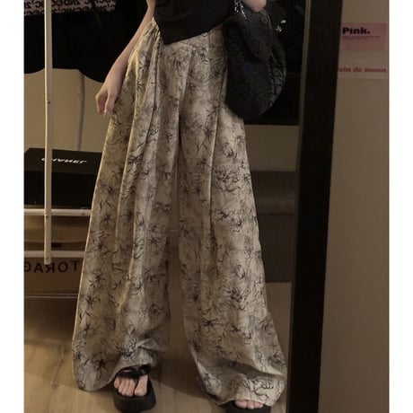 花柄 モップパンツ ワイドパンツ ハイウエスト ウエストゴム ルーズ レトロ 韓国ファッション レディース 大人可愛い レトロ ガーリー カジュアル DTC-711181174852