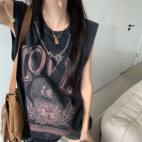 チェーンデザイン タンクトップ ダメージ加工 ウォッシュ加工 ヴィンテージ風 ノースリーブ tシャツ トップス オーバーサイズ レトロ カジュアル ストリート女子 DTCA-795943873261