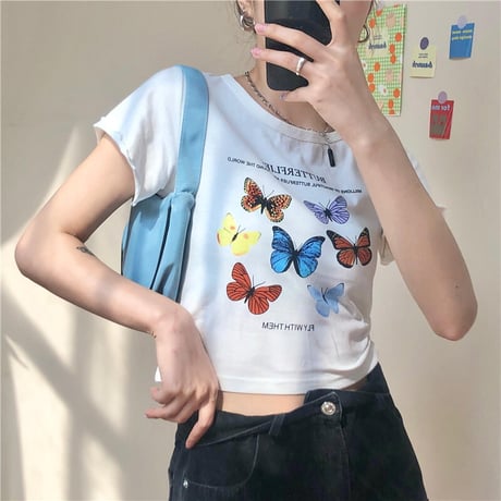 Tシャツ 半袖 袖切りっぱなし ショート丈 バタフライ 蝶 ホワイト 韓国ファッション レディース 大人可愛い ガーリー DTC-614247121002_wt