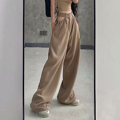 サイドオープン ワイドパンツ ハイウエスト レースアップ セクシー ボトムス ルーズ レトロ 韓国ファッション レディース 大人可愛い ガーリー DTC-637278497069