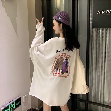 長袖 ロング Tシャツ オーバーサイズ 韓国ファッション レディース ロングTシャツ ロンt ルーズ トップス ゆったり カットソー 大人可愛い ガーリー DTC-625359276693