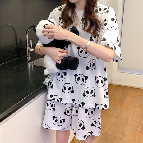 【ルームウェア】 パジャマ 半袖 パンダ柄 プリント Tシャツ ショートパンツ 上下セット レトロ 韓国ファッション レディース DTC-644054009683