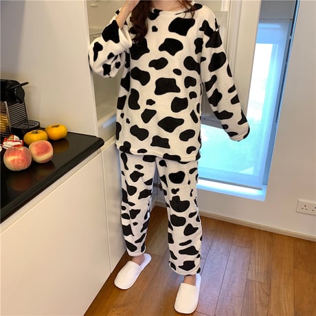 【ルームウェア】 パジャマ セットアップ 牛柄 長袖 韓国ファッション レディース 折り襟 トップス + パンツ 上下セット レトロ DTC-627968674816