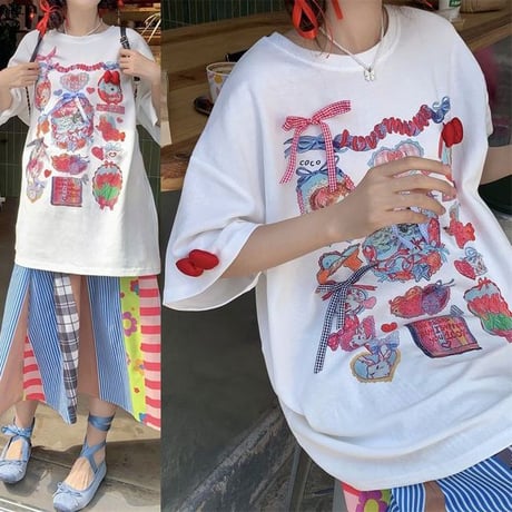 Tシャツ 立体リボン オーバーサイズ クルーネック トップス 半袖 ルーズ レトロ 韓国ファッション レディース 大人可愛い ガーリー DTC-782364443690