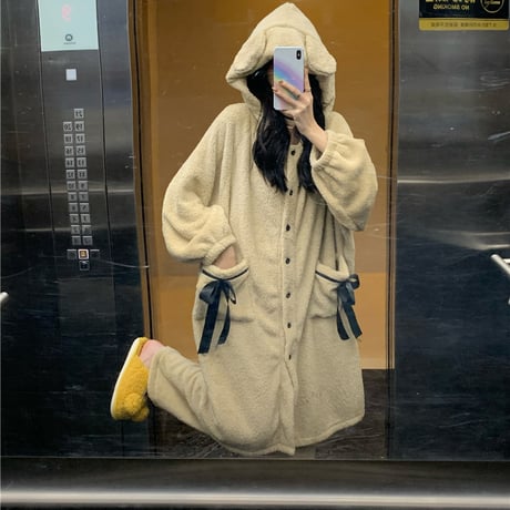 ルームウェア フード付き パジャマ セットアップ ナイトガウン + パンツ フリース ベルベット 長袖 上下セット 長袖 韓国ファッション レディース ガーリー 636487339930