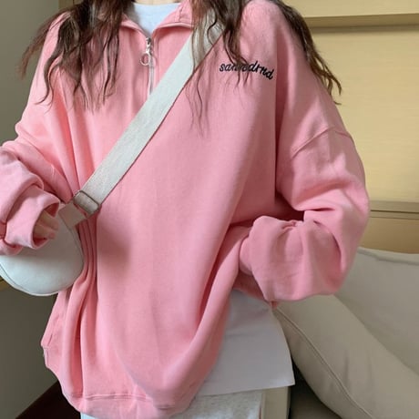 【3カラー】 トレーナー ハイネック ハーフジップ プラスベルベット 厚手 トップス オーバーサイズ ルーズ レトロ 韓国ファッション レディース カジュアル DTC-690414072368