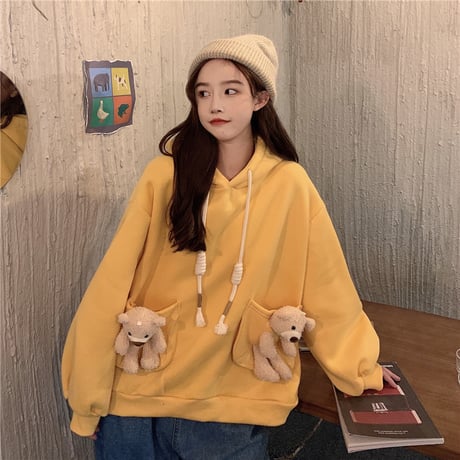 パーカー 裏起毛 クマのぬいぐるみ ベアー プルオーバー 長袖 ルーズ 韓国ファッション レディース スウェット ゆったり 大きめ カジュアル ストリート系 DTC-629418331286