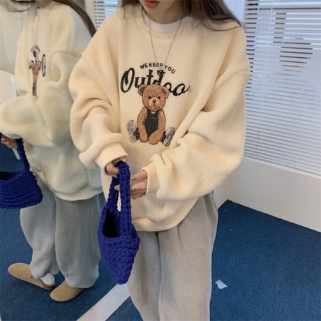 ボアトレーナー クマ ベア もこもこ トレーナー ボア オーバーサイズ 長袖 レトロ 韓国ファッション レディース 大人可愛い ガーリー カジュアル DTC-661335539781