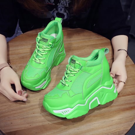 厚底 インヒール ダットスニーカー レースアップ ヒール7cm メッシュ 22.0～24.5cm 韓国ファッション レディース 厚底スニーカー スニーカー スポーツ 599822335264