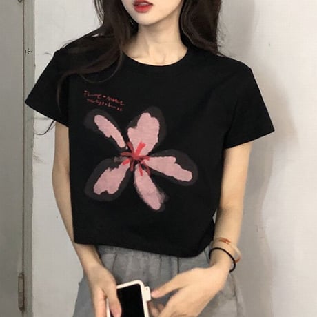 クロップド丈 Tシャツ 半袖 フラワープリント ショート丈 へそ出し 半袖Tシャツ レトロ 韓国ファッション レディース 大人可愛い ガーリー カジュアル DTC-675573313513